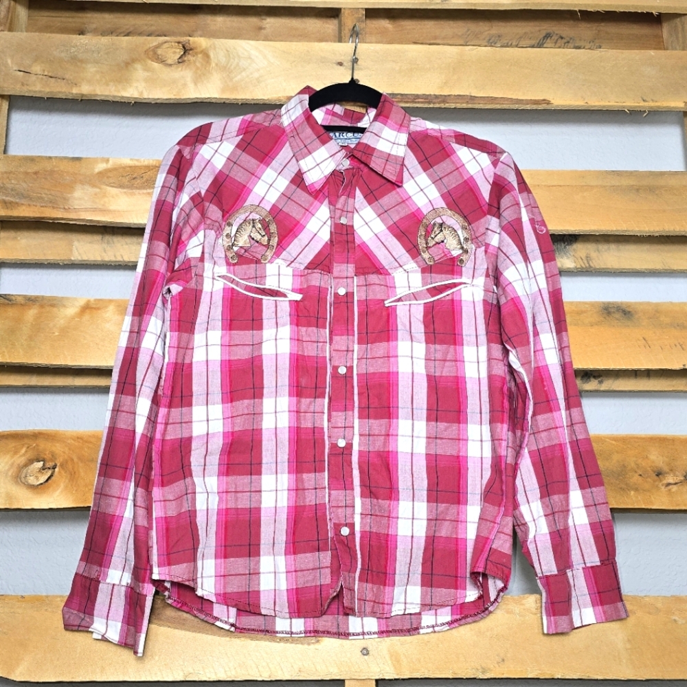 Vintage Western Red/White Plaid Shirt with Embroidered Horses Size:32